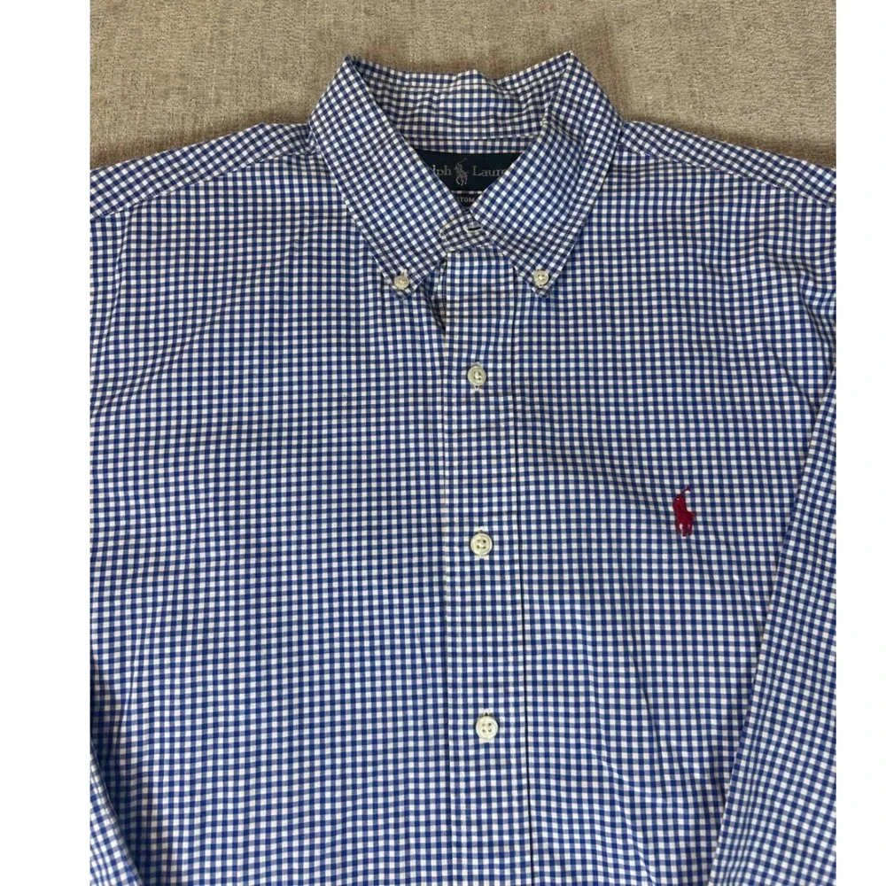 Ralph Lauren Mens Custom Fit Gingham Button Down Shirt Blue White Large L Pony